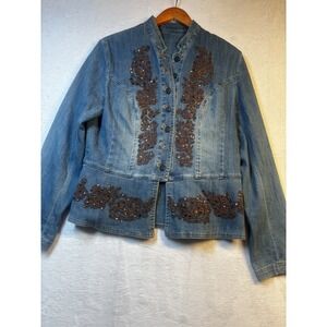 Coldwater Creek Denim Jean‎ Jacket Embellished Bronze Bling Rhinestones Medium